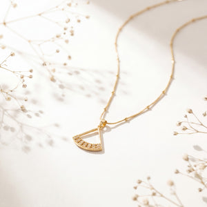 Gold Fan Shaped CZ Pendant Chain Anti-Tarnish Necklace
