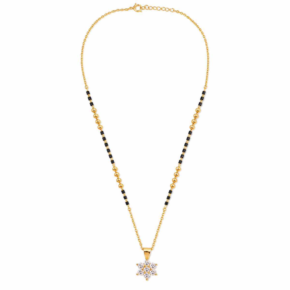 KZ Gold Plated Star Cluster CZ Mangalsutra for Women Black Bead Chain 6 Point Star Pendant FS