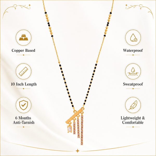 KZ Gold Plated Diagonal Bar Tassel CZ Mangalsutra for Women Black Bead Chain Fringe Drop Pendant FS