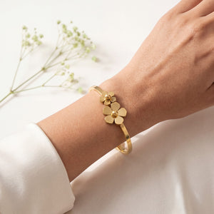 Dual Daisy Flower Centerpiece Baby Kada Bangle | Gold Plated Floral Charm Cuff Bracelet for Women