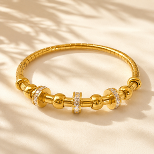 Gold Elastic Ribbed Tube Kada for Women | Ball Bead Diamond Rondelle Stretch Stainless Steel Ladies Bangle | Flexible Festive Jewellery