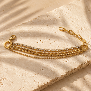 Gold Plated Triple Strand Bracelet with Curb Chain Center and Pave White Stone Side Chains