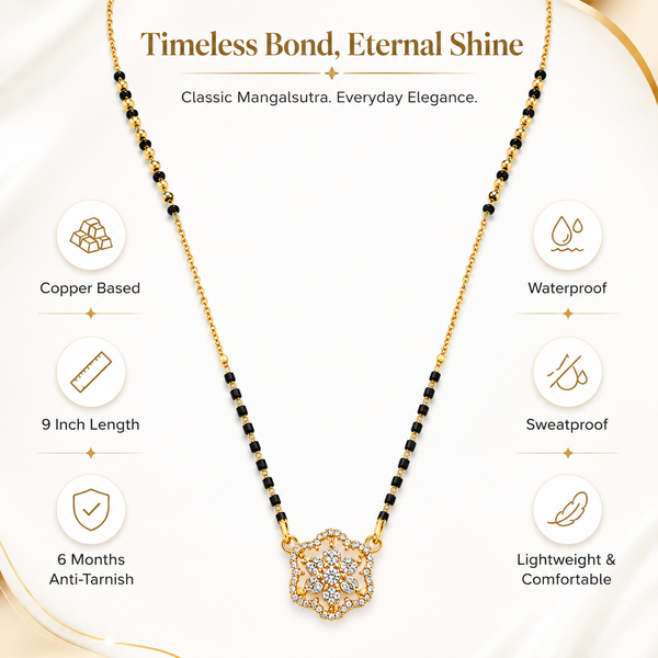 KZ Gold Plated Hexagonal Rosette CZ Mangalsutra for Women Black Bead Chain Geometric Cluster Pendant FS