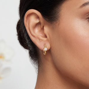 Close-up of a person wearing gold hoop earrings with a blurred background