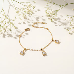 Gold Plated Square White Stone Dangling Charm Delicate Chain Bracelet with Lobster Clasp