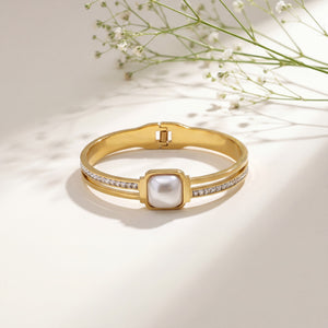 Mother of Pearl Square Pave CZ Baby Kada Bangle | Gold Plated Statement Stackable Bracelet for Women