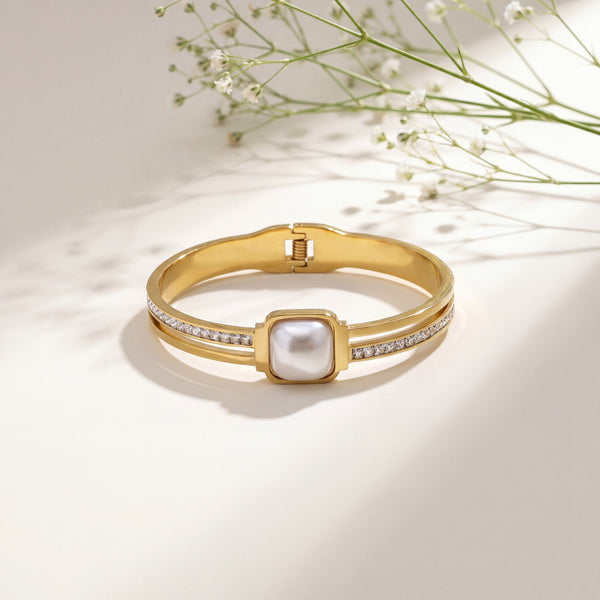 Mother of Pearl Square Pave CZ Baby Kada Bangle | Gold Plated Statement Stackable Bracelet for Women
