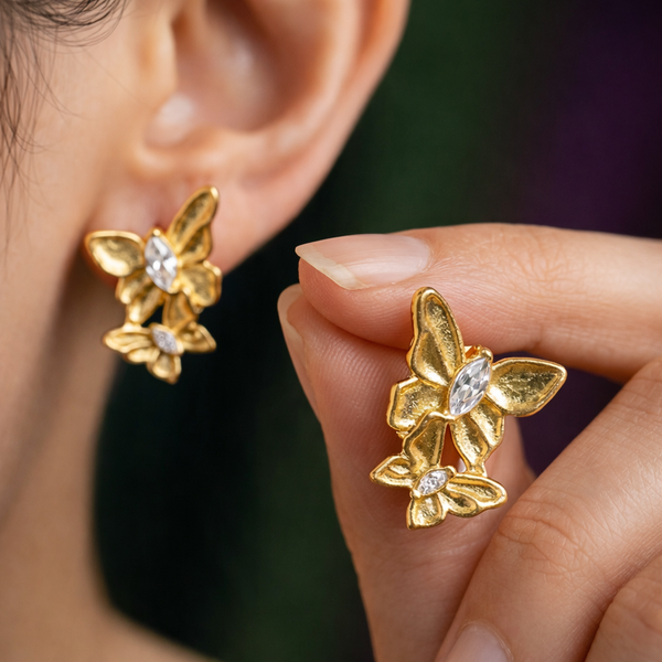 Anti-Tarnish Gold Plated Hanging 2 Butterfly Earrings - 1 Pair