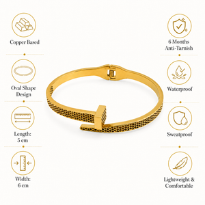 Gold Honeycomb Diamond Oval Kada for Women | Hexagonal Stone Pattern Stainless Steel Ladies Bangle | Geometric Luxury Jewellery