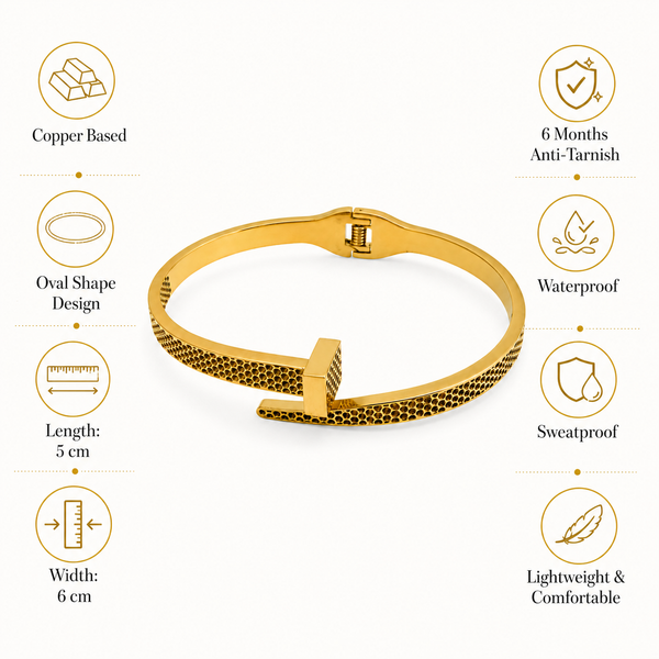 Gold Honeycomb Diamond Oval Kada for Women | Hexagonal Stone Pattern Stainless Steel Ladies Bangle | Geometric Luxury Jewellery