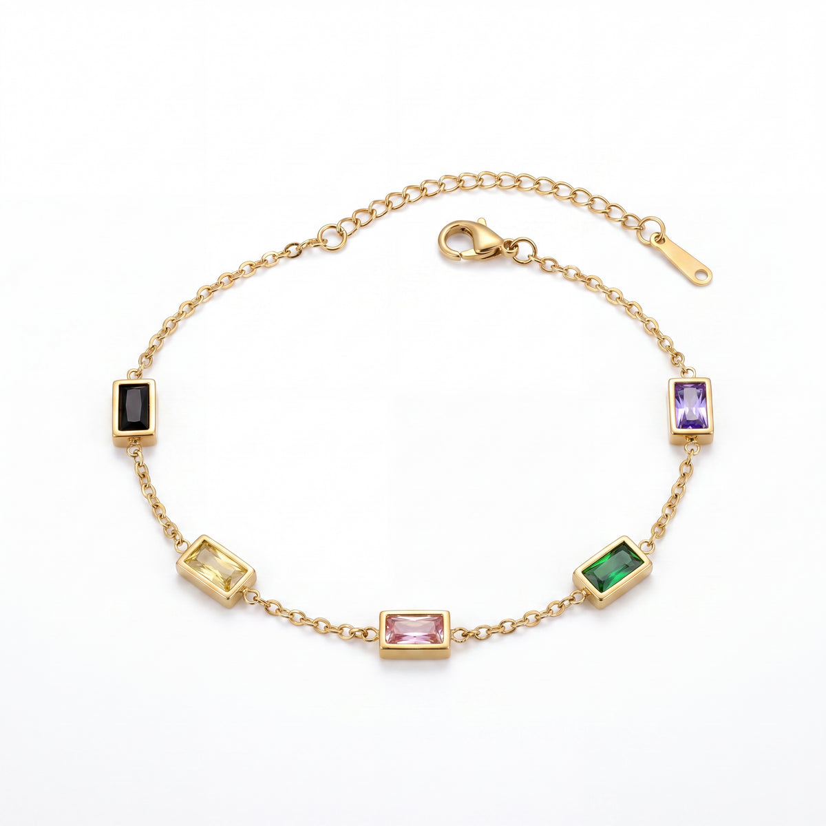 Gold Plated Emerald Cut Multicolor Rectangular Stone Bezel Station Chain Bracelet with Lobster Clasp