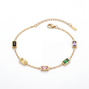 Gold Plated Emerald Cut Multicolor Rectangular Stone Bezel Station Chain Bracelet with Lobster Clasp