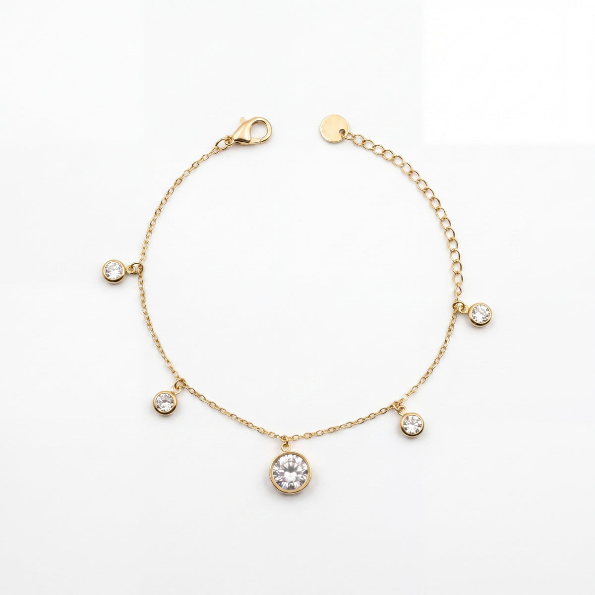 Gold Plated Round White Stone Bezel Dangling Charm Delicate Chain Bracelet with Lobster Clasp