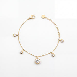 Gold Plated Round White Stone Bezel Dangling Charm Delicate Chain Bracelet with Lobster Clasp