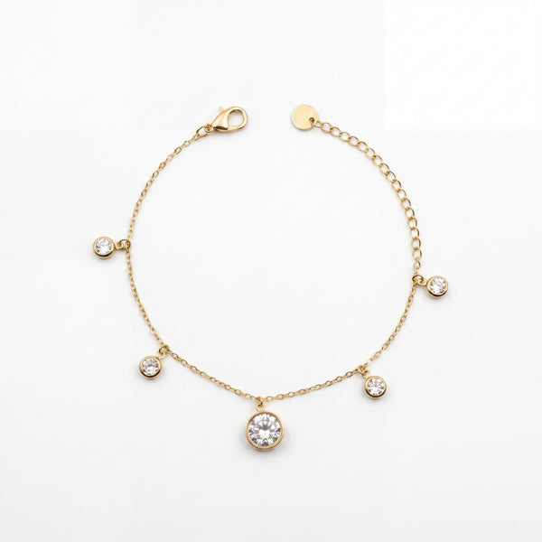 Gold Plated Round White Stone Bezel Dangling Charm Delicate Chain Bracelet with Lobster Clasp