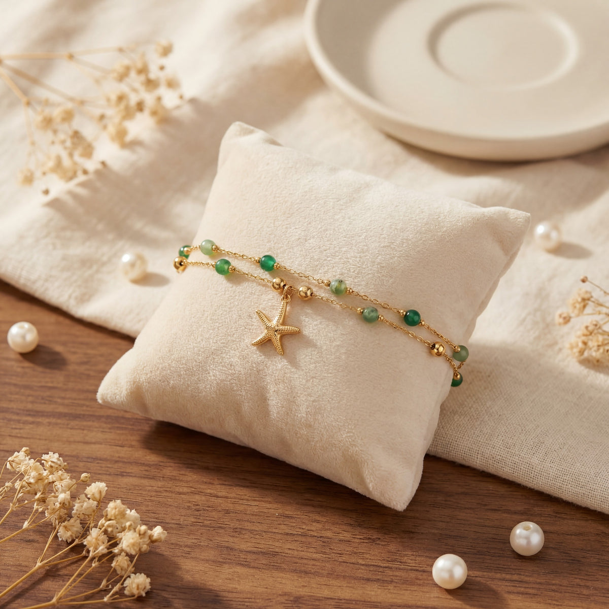 Anti-Tarnish Gold Plated 2-Layer Green Beads Bracelet
