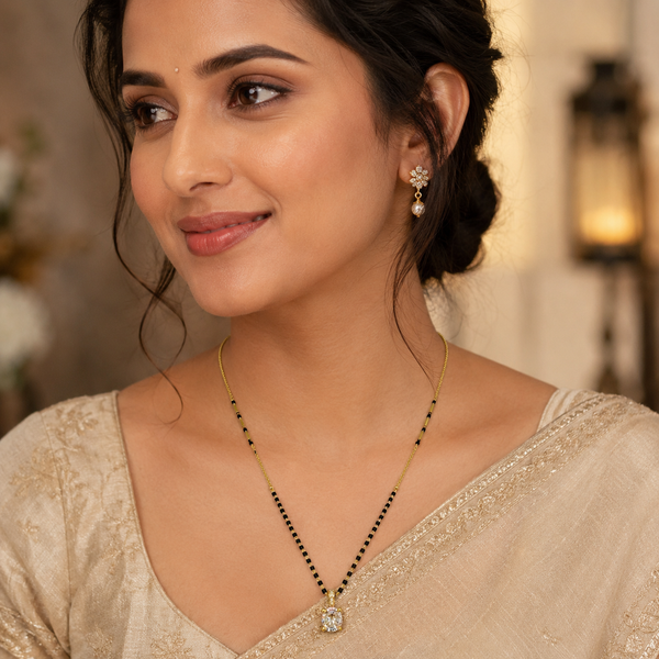 KZ Gold Plated Princess Cut Square CZ Solitaire Mangalsutra for Women Black Bead Chain Pendant FS