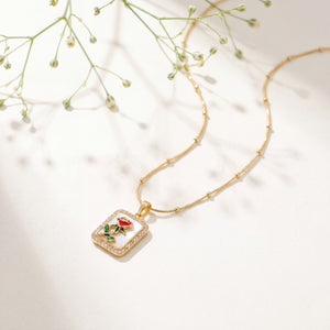 Gold Rectangular Red Enamel Rose Pendant Chain Anti-Tarnish Necklace