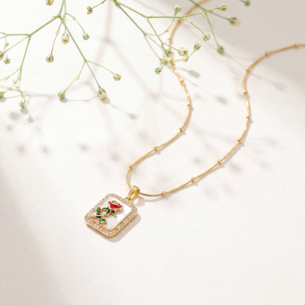 Gold Rectangular Red Enamel Rose Pendant Chain Anti-Tarnish Necklace
