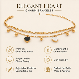 Gold Plated Double Layer Bead Chain Bracelet with Black and White Dangling Heart Charm Drops