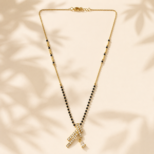 KZ Gold Plated Cross Bar CZ Mangalsutra for Women Black Bead Chain Diagonal X Pendant with Drop FS