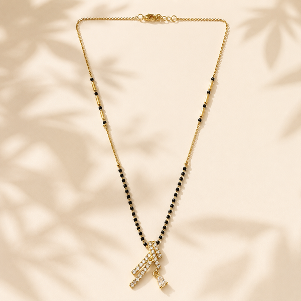 KZ Gold Plated Cross Bar CZ Mangalsutra for Women Black Bead Chain Diagonal X Pendant with Drop FS