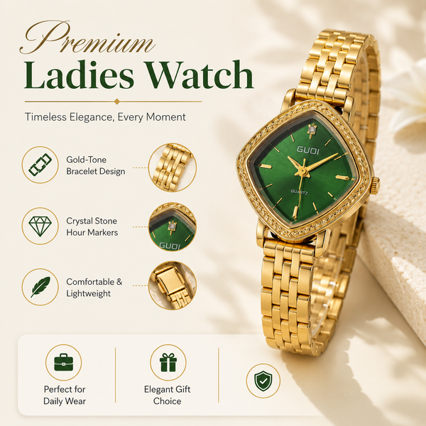 Watches Gold-Tone Cushion Green Dial Crystal Studded Bracelet Watch for Women