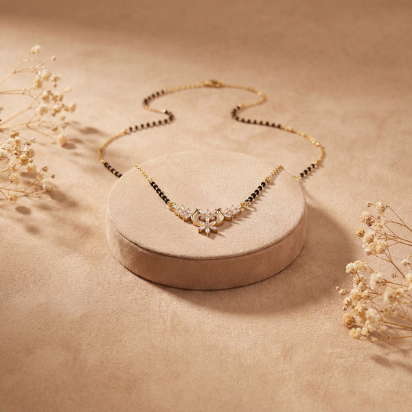 KZ Gold Plated Floral Wing CZ Mangalsutra for Women Black Bead Chain Marquise Leaf Pendant FS
