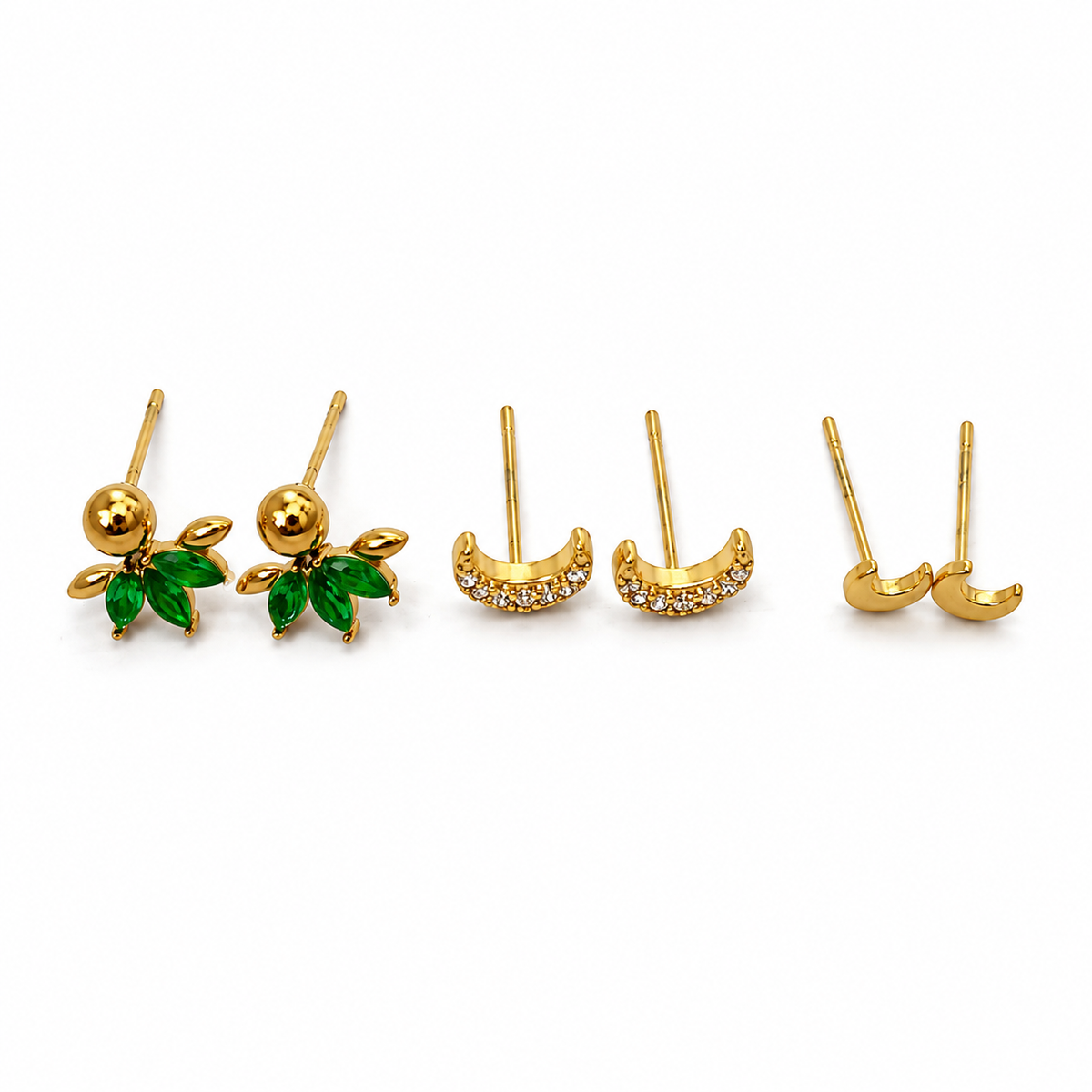 Earrings Gold Floral Cluster, Pave Crescent Moon & Mini Crescent Stud Earrings Set of 3 Pairs