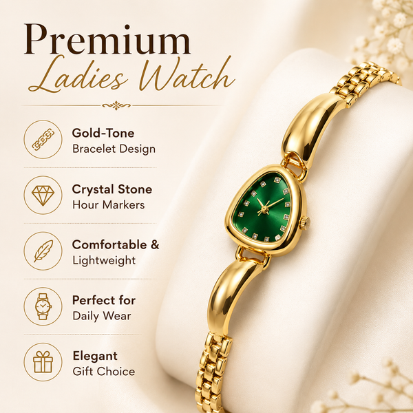Watches Gold-Tone Pear Shape Dial Green Stone Bracelet Watch for Women