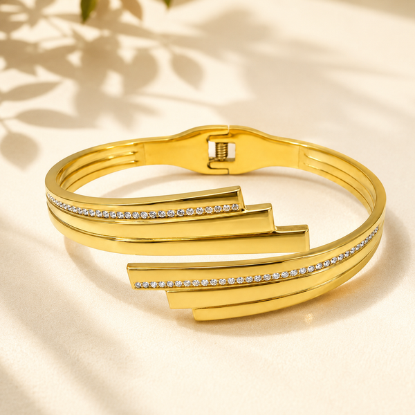 Gold Scallop Edge Diamond Oval Kada for Women | Wave Border Stone Stainless Steel Ladies Bangle | Fancy Design Jewellery