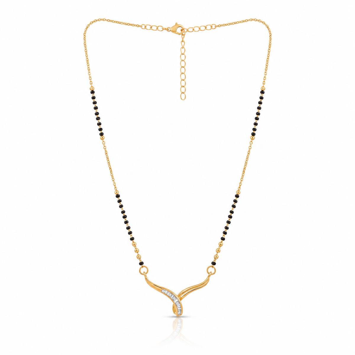 KZ Gold Plated Curved Horn CZ Mangalsutra for Women Black Bead Chain Abstract Wave Pendant FS