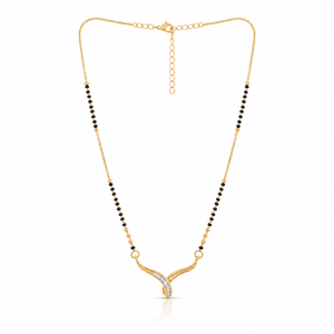 KZ Gold Plated Curved Horn CZ Mangalsutra for Women Black Bead Chain Abstract Wave Pendant FS