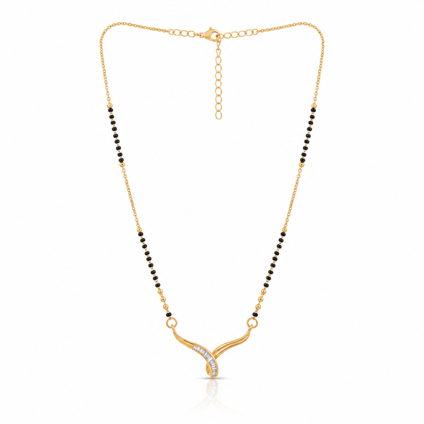 KZ Gold Plated Curved Horn CZ Mangalsutra for Women Black Bead Chain Abstract Wave Pendant FS