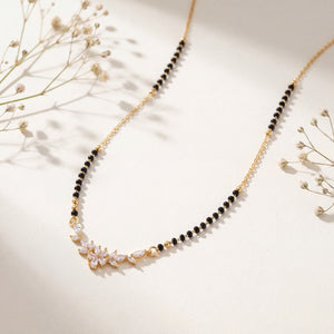 KZ Gold Plated Floral Cluster CZ Mangalsutra for Women Black Bead Chain Marquise Flower Pendant FS