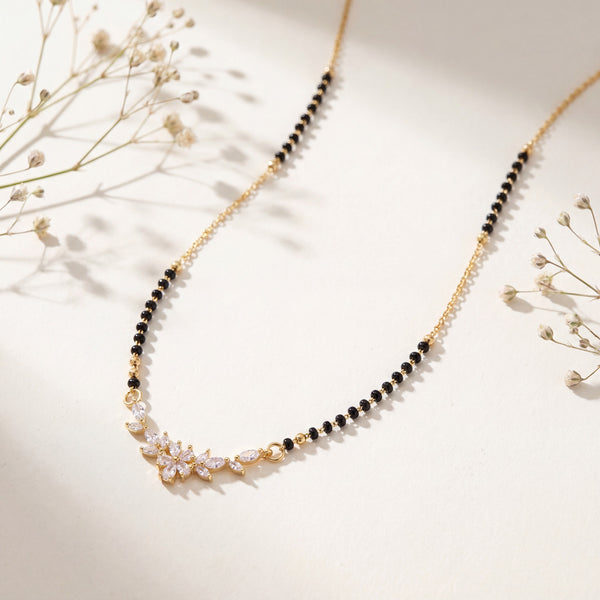 KZ Gold Plated Floral Cluster CZ Mangalsutra for Women Black Bead Chain Marquise Flower Pendant FS