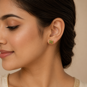 Earrings Pave Drop Hoop, Emerald Cluster Square & Gold Clover Charm Stud Earrings Set of 3 Pairs