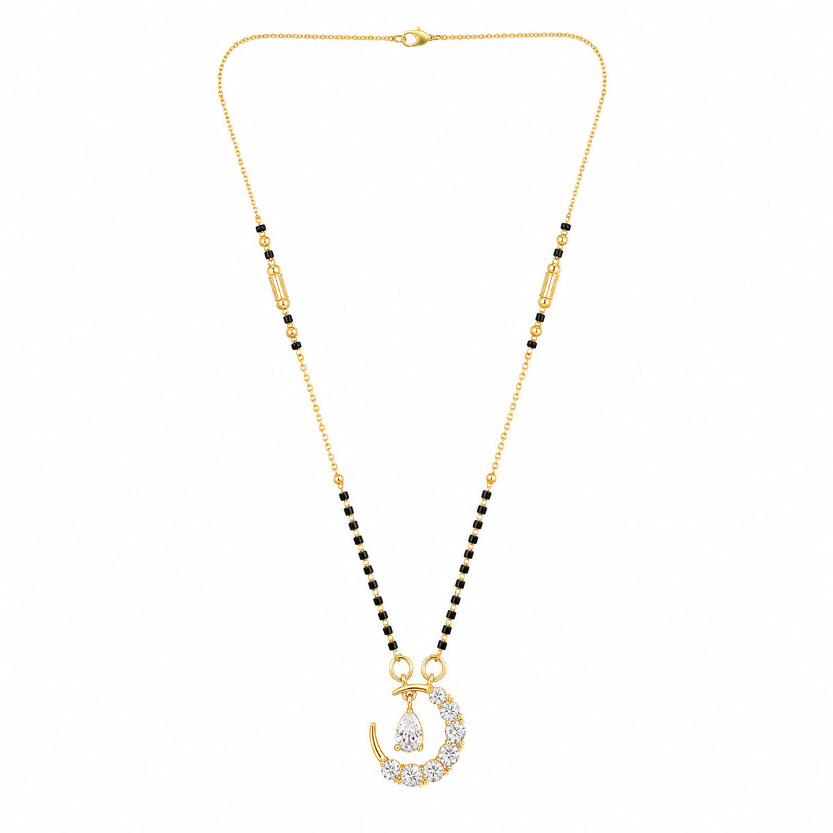 KZ Gold Plated Moon Crescent CZ Mangalsutra for Women Black Bead Chain Celestial Pendant FS
