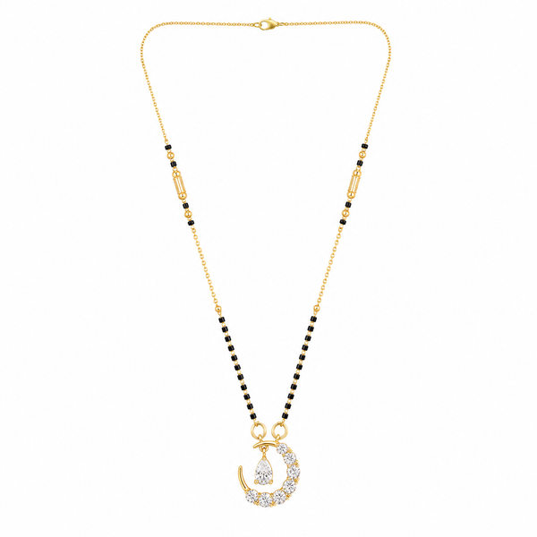 KZ Gold Plated Moon Crescent CZ Mangalsutra for Women Black Bead Chain Celestial Pendant FS