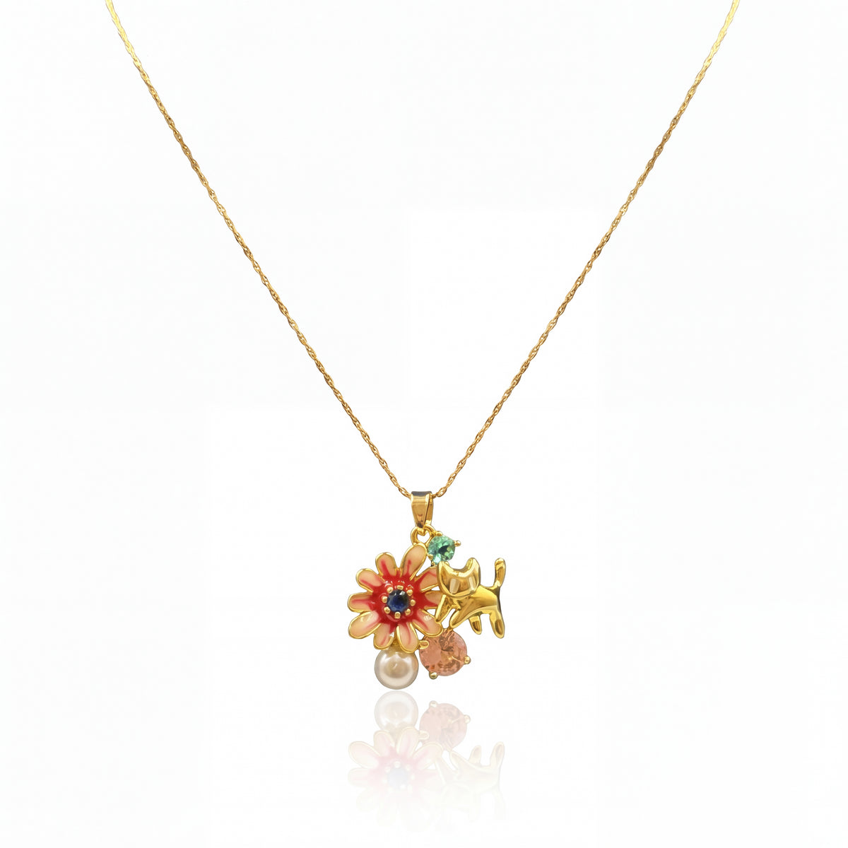 Gold Red Enamel Floral Cluster Pendant Chain Anti-Tarnish Necklace
