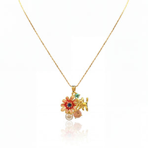 Gold Red Enamel Floral Cluster Pendant Chain Anti-Tarnish Necklace