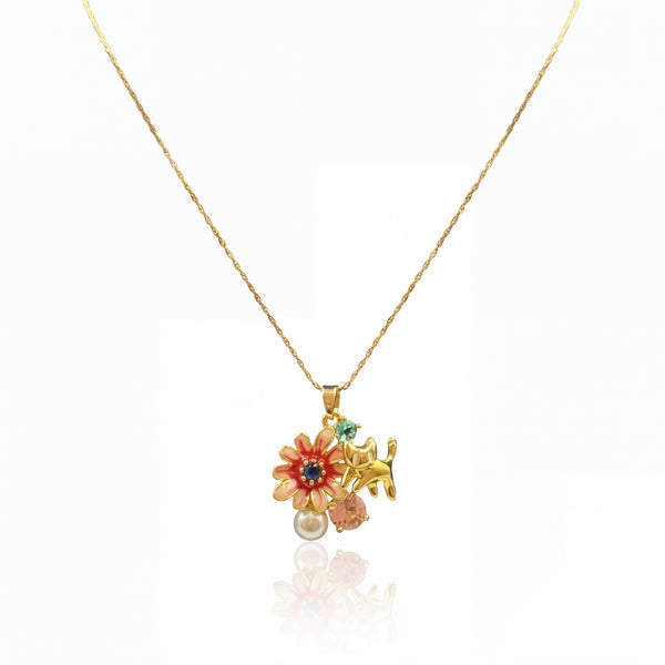 Gold Red Enamel Floral Cluster Pendant Chain Anti-Tarnish Necklace