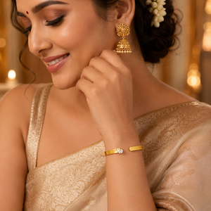 Gold Hinged Pear Solitaire Diamond Oval Kada for Women | Single Teardrop Stone Stainless Steel Ladies Bangle | Statement Festive Jewellery