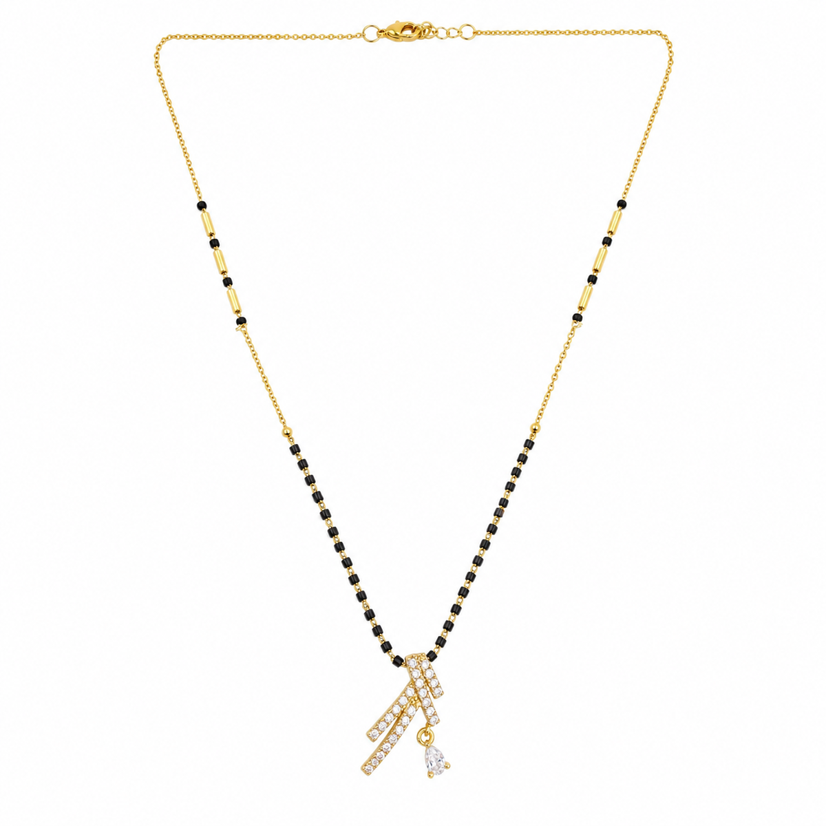 KZ Gold Plated Cross Bar CZ Mangalsutra for Women Black Bead Chain Diagonal X Pendant with Drop FS