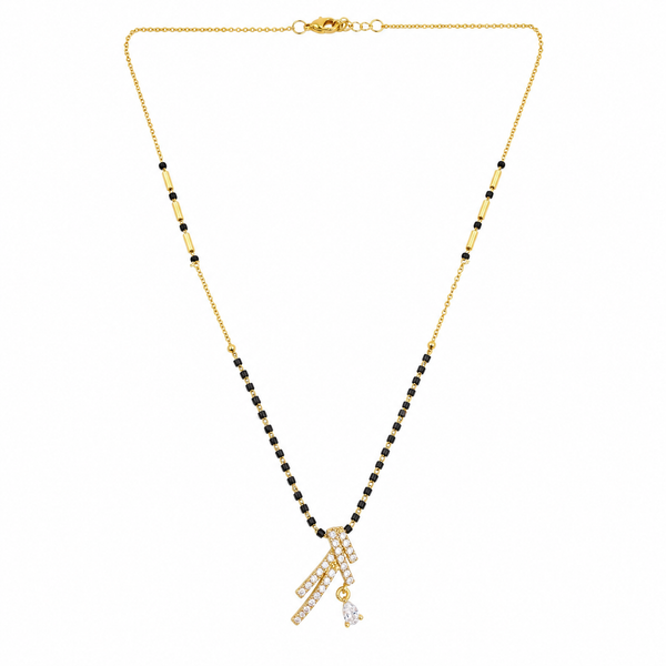 KZ Gold Plated Cross Bar CZ Mangalsutra for Women Black Bead Chain Diagonal X Pendant with Drop FS