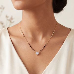 KZ Gold Plated Pink Heart Solitaire CZ Mangalsutra for Women Black Bead Chain Love Pendant FS