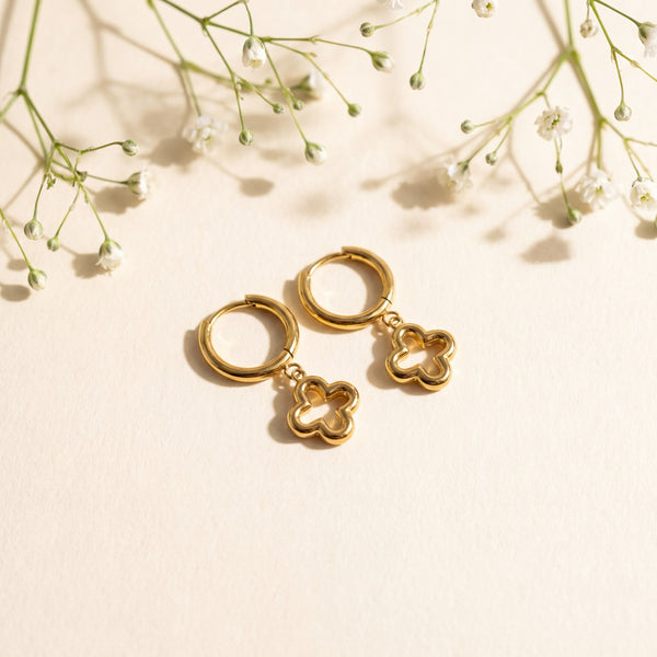 18K Gold Plated Clover Charm Hoop Earrings