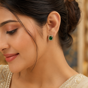 Earrings Rectangle Halo Drop Hoop, Emerald Rectangle Halo & Gold Triangle Stud Earrings Set of 3 Pairs