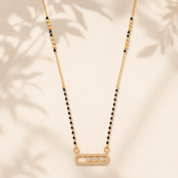 KZ Gold Plated Sliding Bar CZ Mangalsutra for Women Black Bead Chain 3 Stone Oval Frame Pendant FS