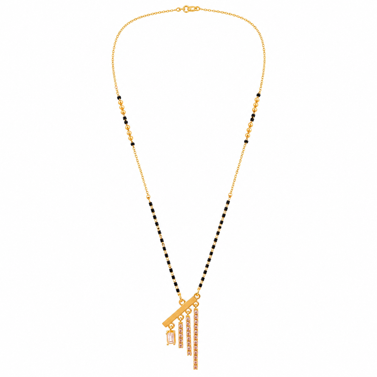 KZ Gold Plated Diagonal Bar Tassel CZ Mangalsutra for Women Black Bead Chain Fringe Drop Pendant FS